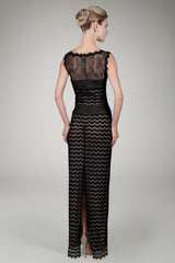 Lace Bateau Evening Gown in Black / Nude