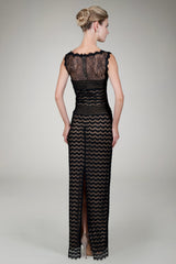 Lace Bateau Evening Gown in Black / Nude