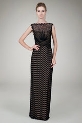 Lace Bateau Evening Gown in Black / Nude