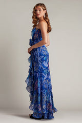 Morwenna Oceanic Print Ruffle Gown