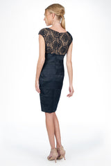 Tulle Rosette Stretch Satin Dress in Navy / Nude