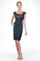 Tulle Rosette Stretch Satin Dress in Navy / Nude