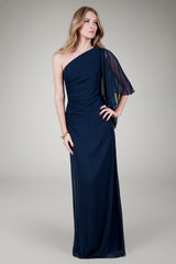 Draped One Shoulder Gown in Navy
