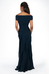 Chiffon Off Shoulder Flounce Gown in Navy