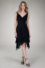 Pleated V-Neck Cocktail Dress in Black