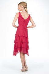 Pleated V-Neck Cocktail Dress in Ruby